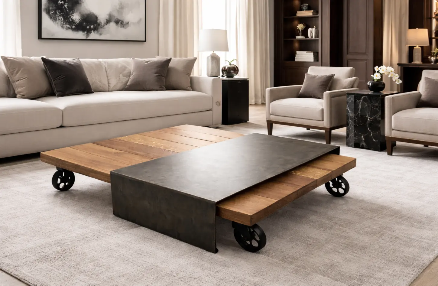 Tables basses en bois massif et métal fleur de rouille sur roulettes, mobilier chic dans un salon moderne.