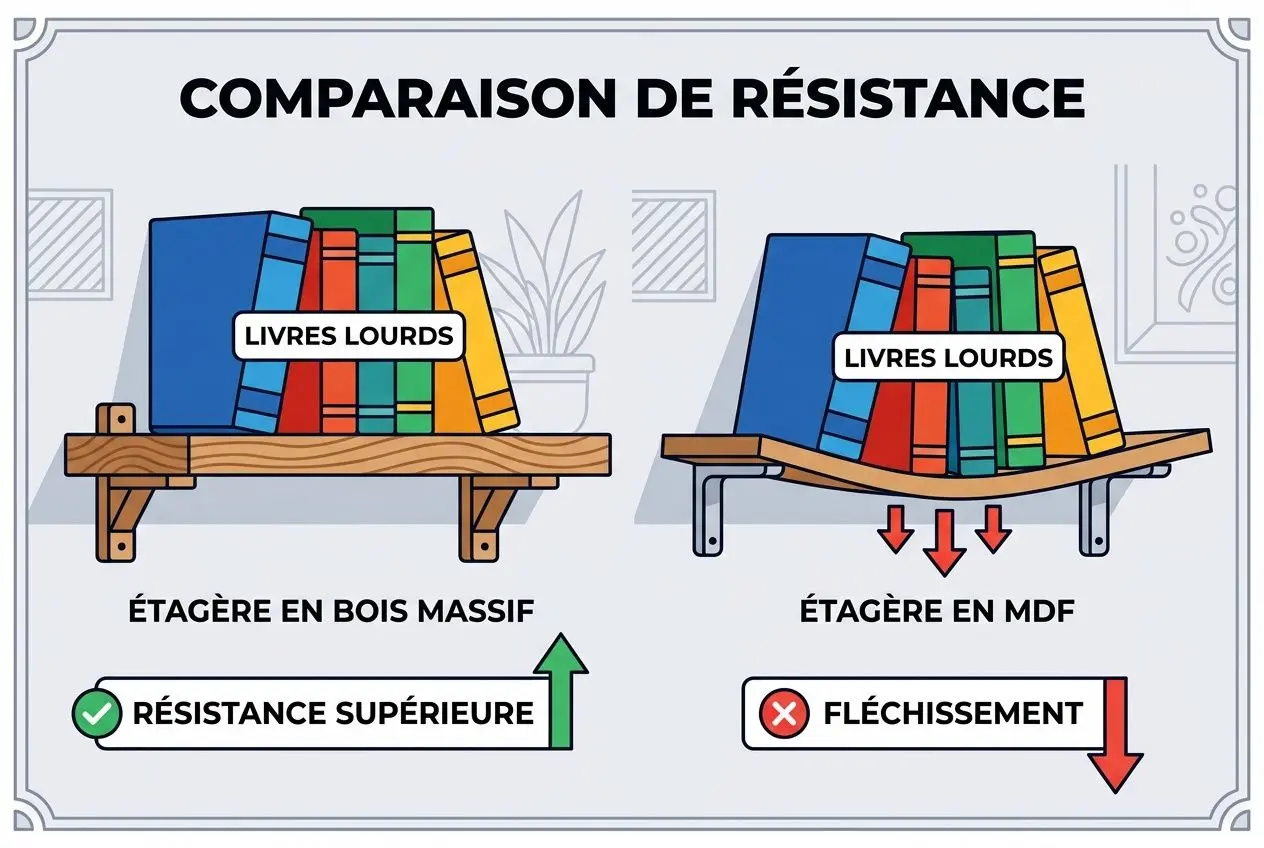Comparaison de résistance: étagère en bois massif vs étagère en MDF; bois massif offre résistance supérieure, MDF montre fléchissement. Différence entre le bois massif et le MDF avec livres lourds.