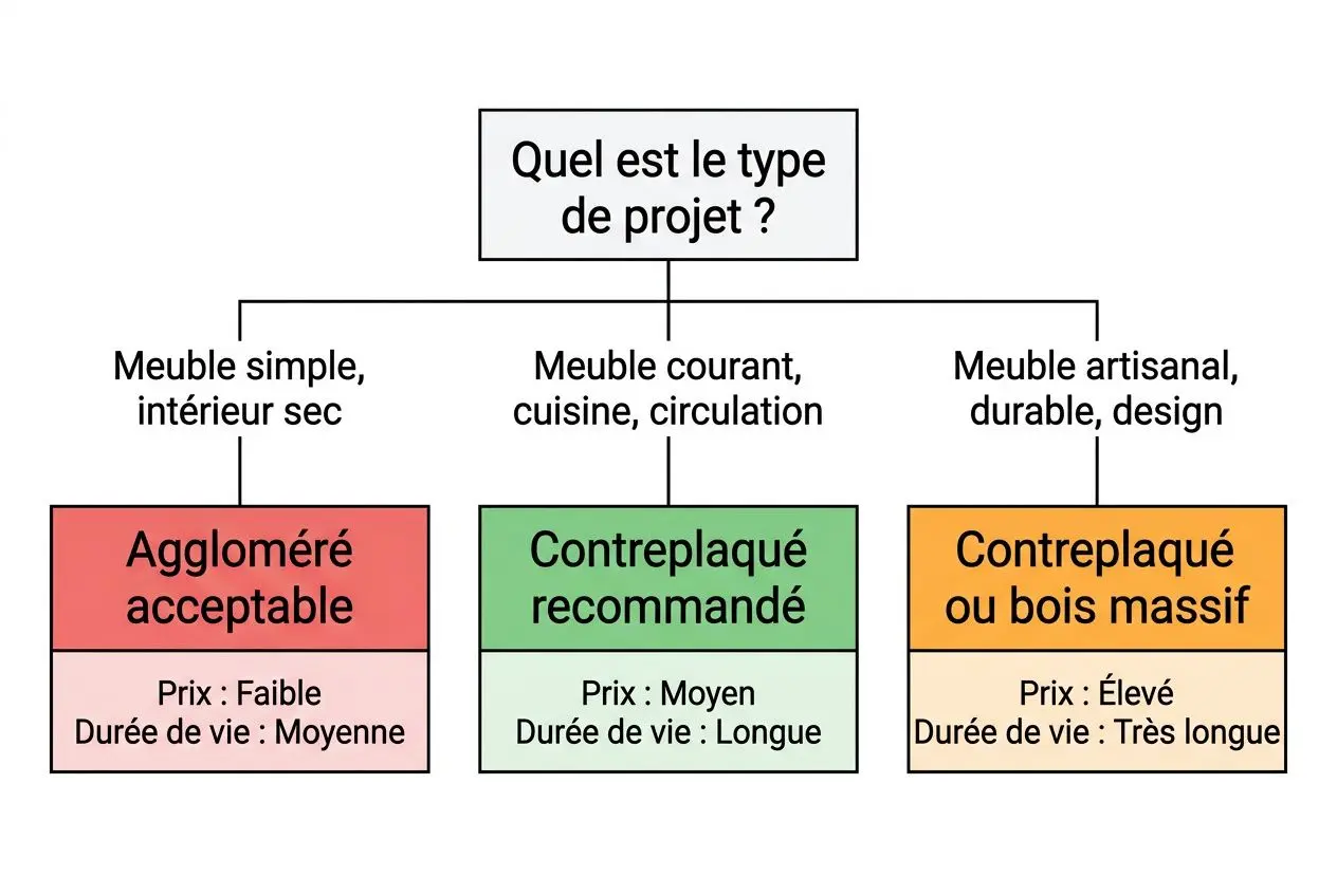 Différence contreplaqué et aggloméré: diagramme montrant trois choix de bois selon projet, avec aggloméré acceptable, contreplaqué recommandé et contreplaqué ou bois massif.