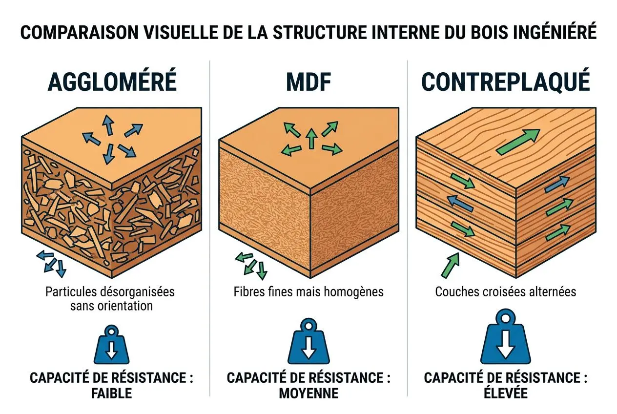 Différence contreplaqué et aggloméré : trois blocs illustrant l’aggloméré avec particules désorganisées, le MDF avec fibres homogènes et le contreplaqué avec couches croisées alternées, et leurs différentes résistances.