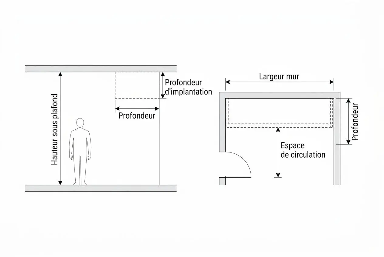 Guide d’installation d’une bibliothèque design salon: esquisses montrant hauteur sous plafond, profondeur et emplacement, avec plan d’aménagement et espace de circulation.
