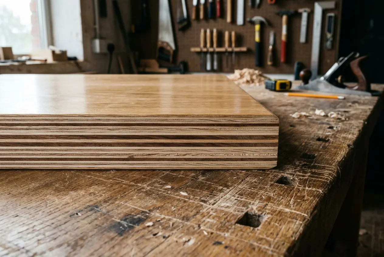 Panneaux multicouches en contreplaqué empilés sur une table de menuisier, outils et établi au fond. Différence contreplaqué et aggloméré.