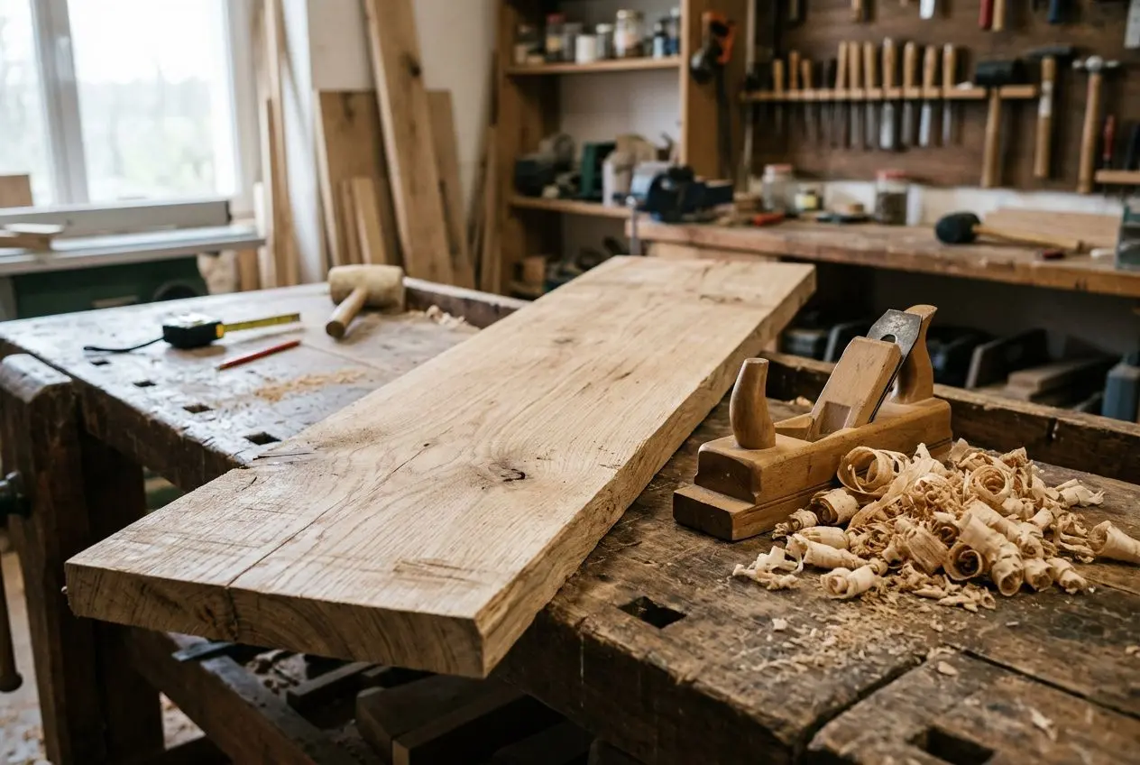 Planche en bois sur établi de menuisier, copeaux et outils à côté, atelier de travail du bois. Différence entre le bois massif et le MDF évoquée.