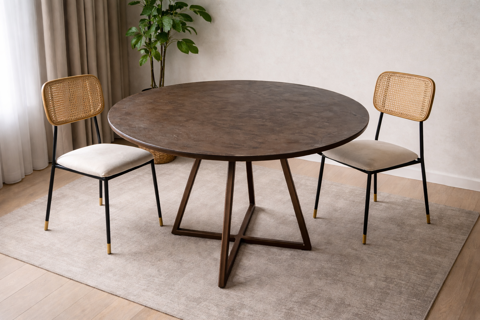 Table ronde en métal patine Fleur de rouille avec piétement en X, accompagnée de deux chaises à dossier cannage et assises en tissu clair.