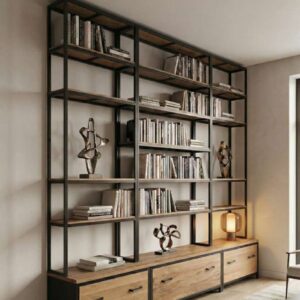 Grande bibliothèque en bois massif avec rangement inférieur à tiroirs et objets décoratifs, ambiance chaleureuse. meuble bois durable